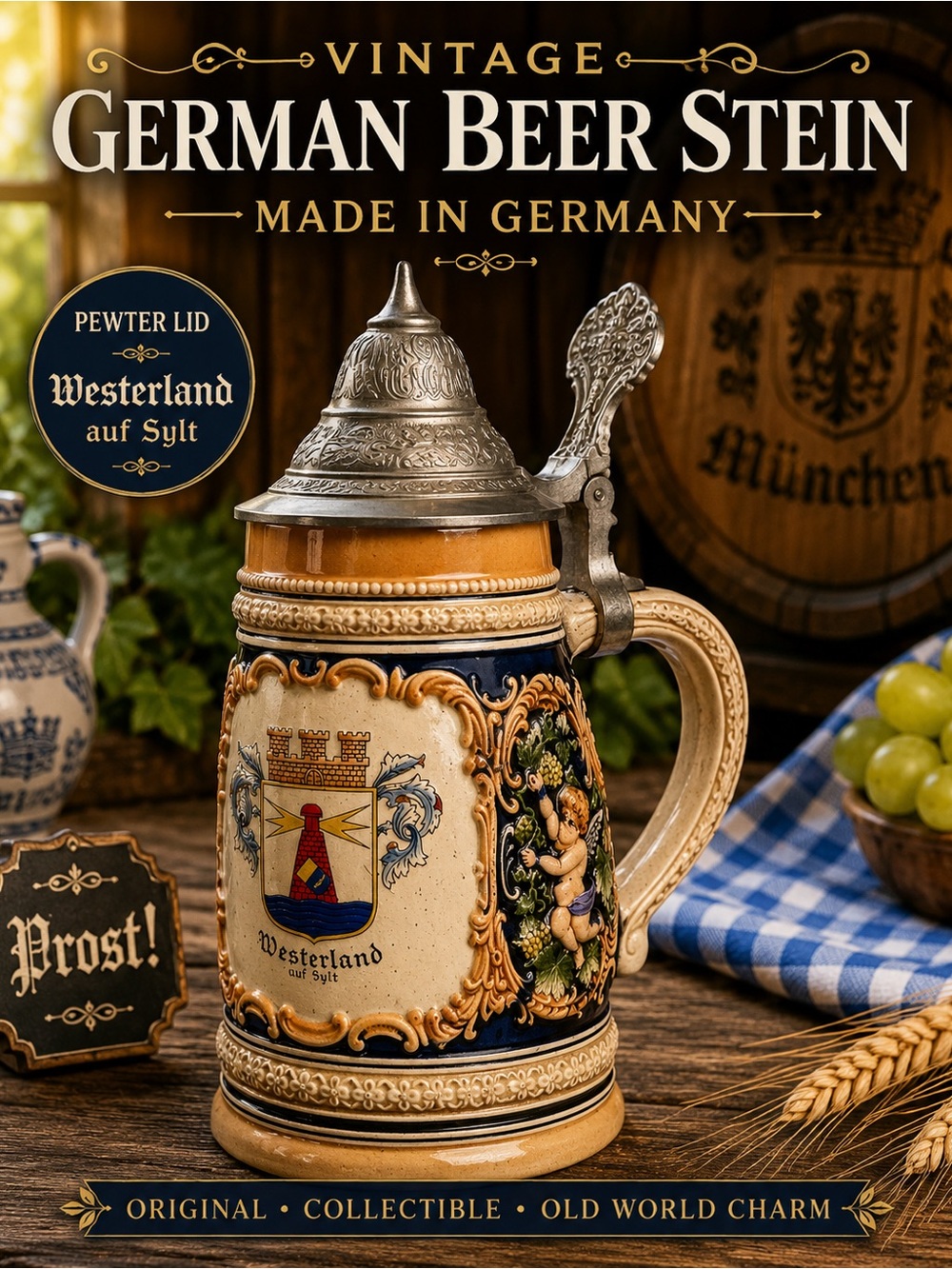 Vintage German Beer Stein Westerland Sylt Cherub Pewter Lid Mug